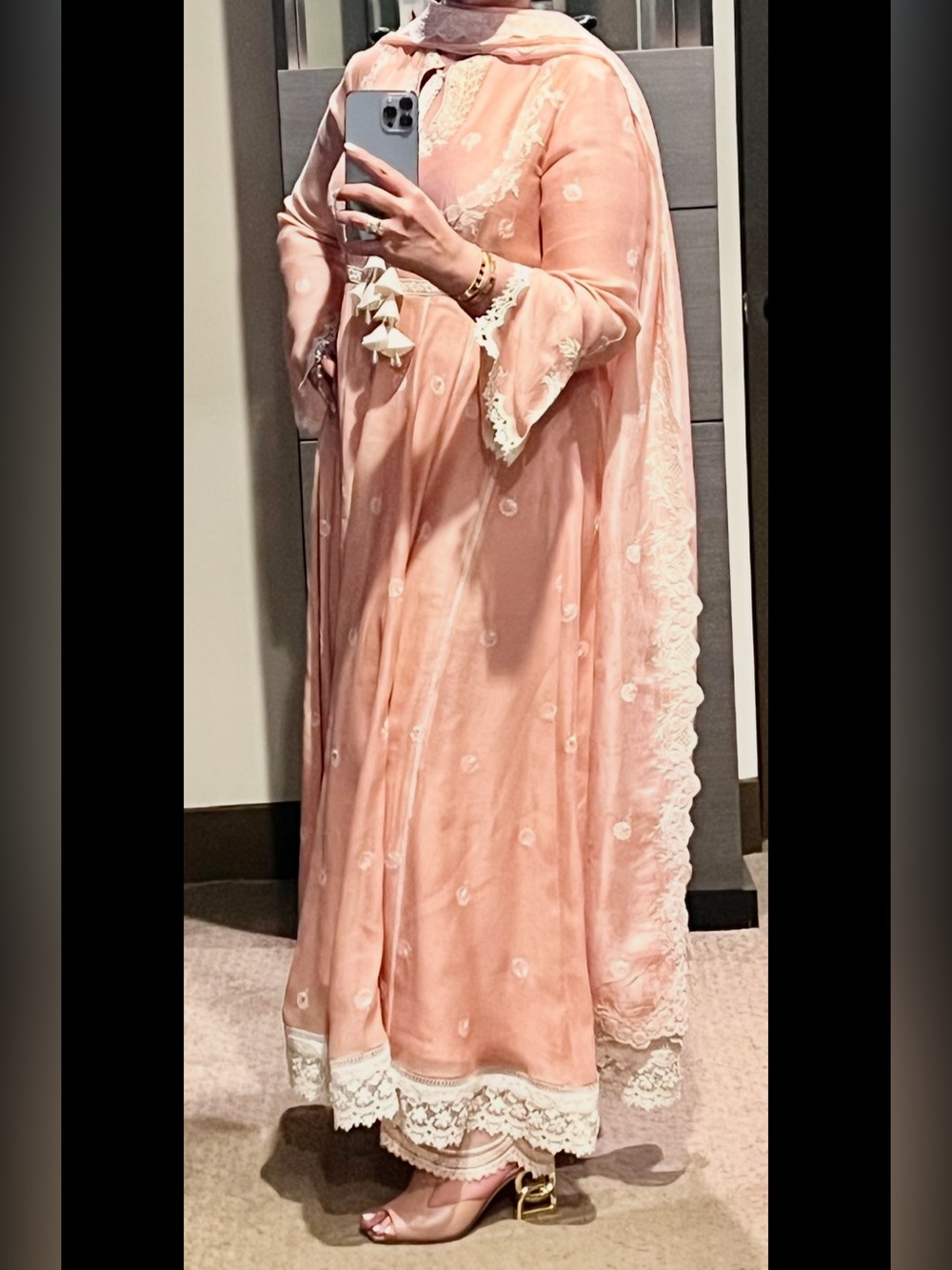 Peach Long-Sleeve Embroidered Maxi Dress with Lace Trim